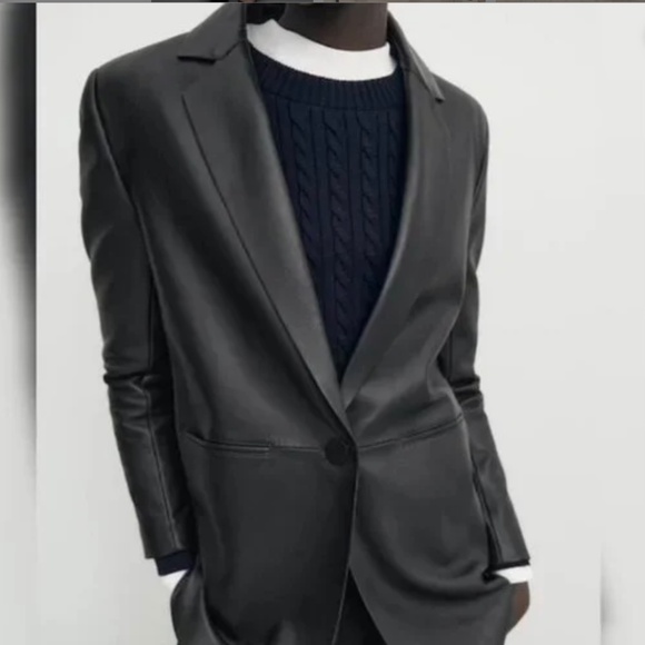 Massimo Dutti Leather Jacket Blazer Black NWT - Picture 2 of 8